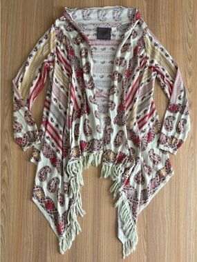 Guinevere Cashmere Blend Shaw Scarf Fringe Cardigan Sweater Womens M Open Boho